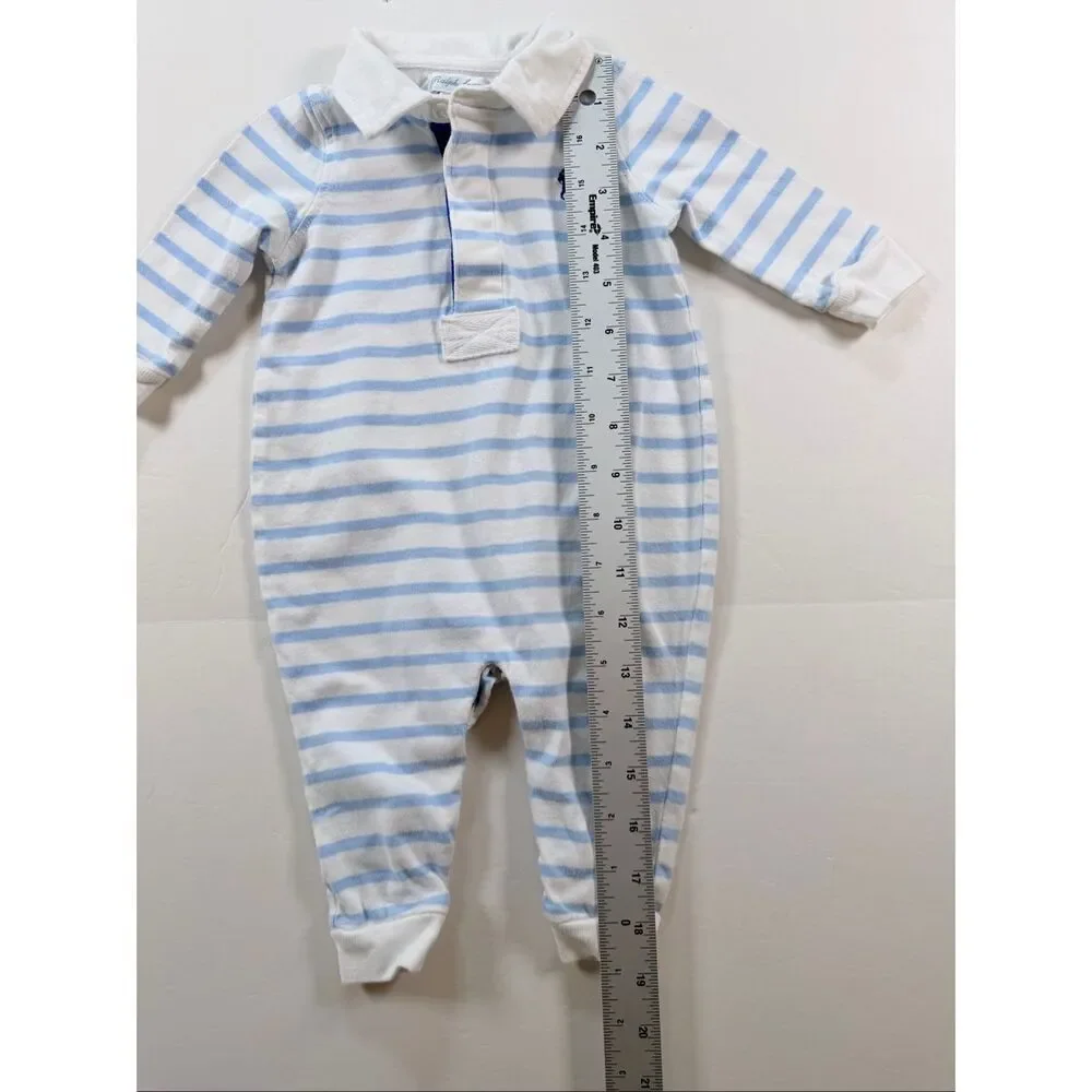 Ralph Lauren Baby Size 6M Blue White Stripe Polo Romper 1 Piece Embroidered Pony